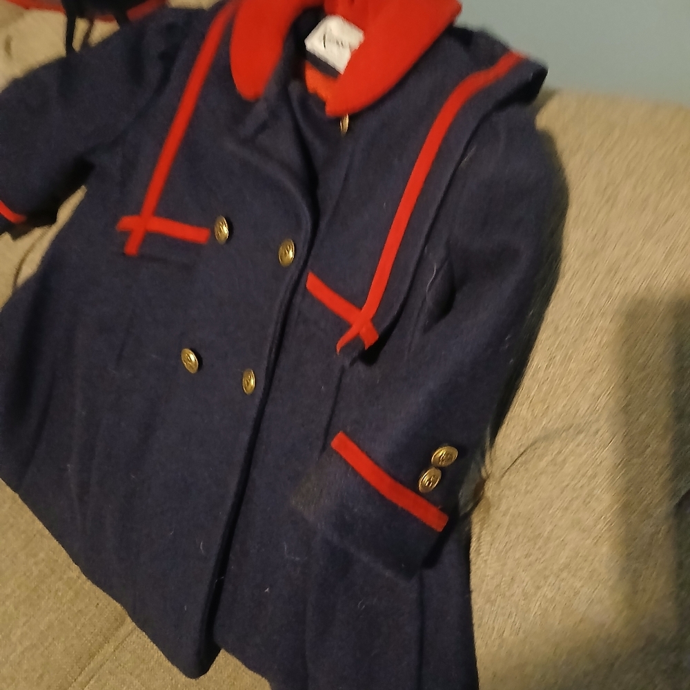 Rothchilds Toddler Girls. Red and Navy Pea Coat with Hat.  Size 3 Toddler. - Picture 7 of 16